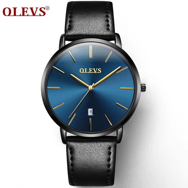 Men Watches Luxury Brand OLEVS Quartz Genuine Leather Strap Minimalist Ultrathin Wrist Watches Waterproof High Quality Relogio