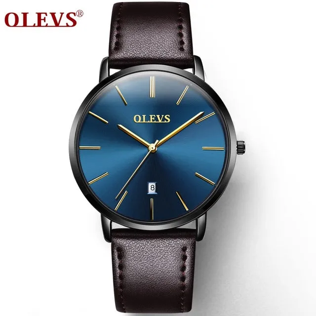 Men Watches Luxury Brand OLEVS Quartz Genuine Leather Strap Minimalist Ultrathin Wrist Watches Waterproof High Quality Relogio
