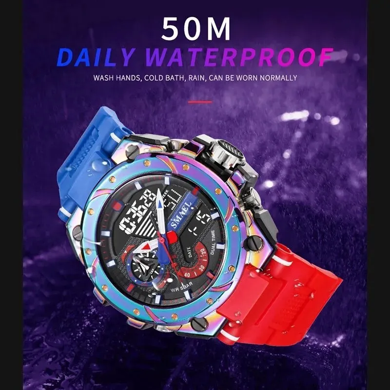 Men Wristwatches Red Bracelet 50m Waterproof Alarm Clock Analog Digitals Sport Watches