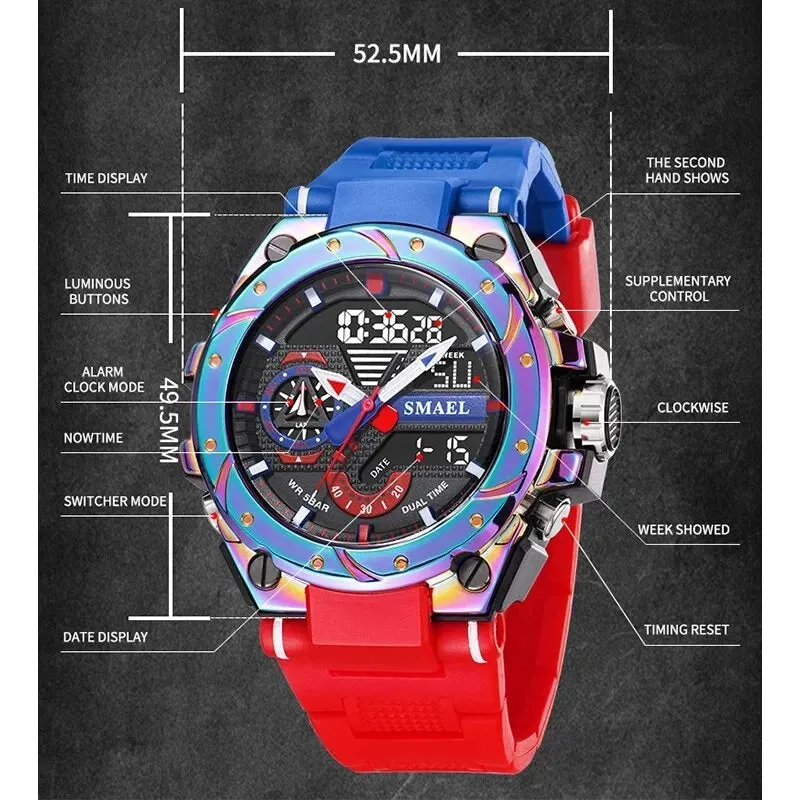 Men Wristwatches Red Bracelet 50m Waterproof Alarm Clock Analog Digitals Sport Watches