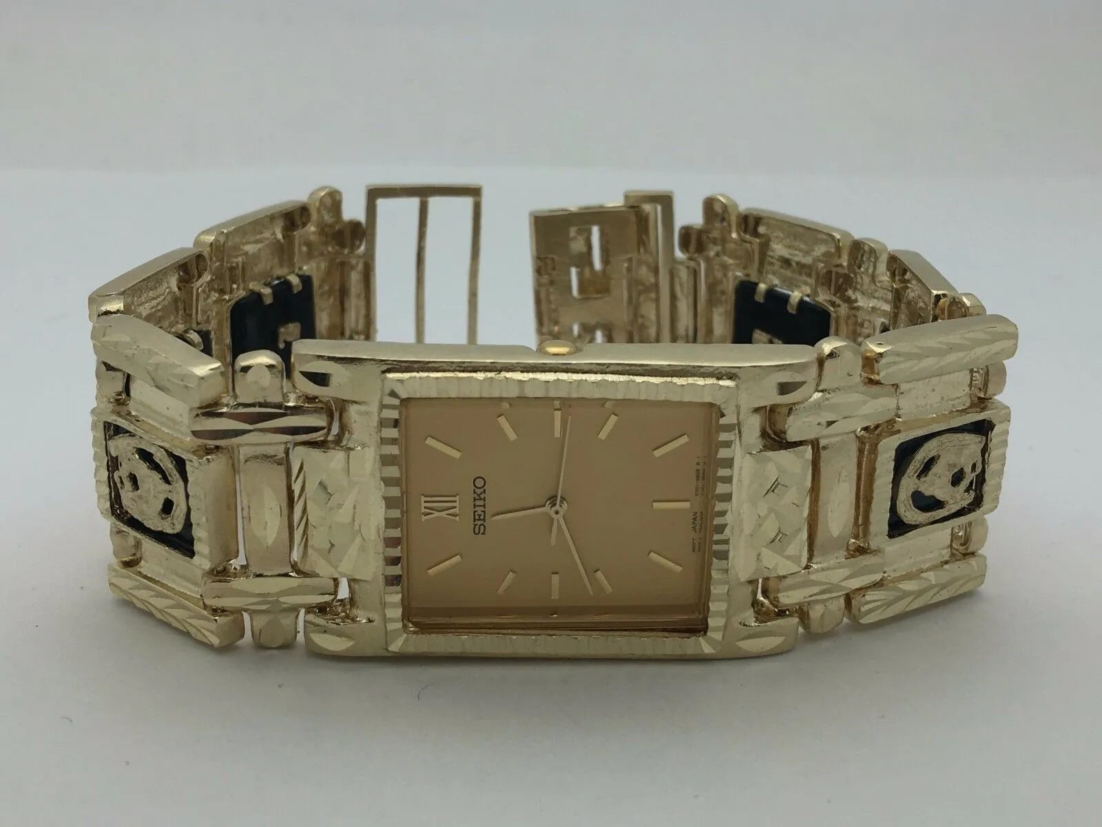 Men's 14k Yellow Gold Horse Shoe Black Onyx Link Bracelet Seiko Watch 7.5"