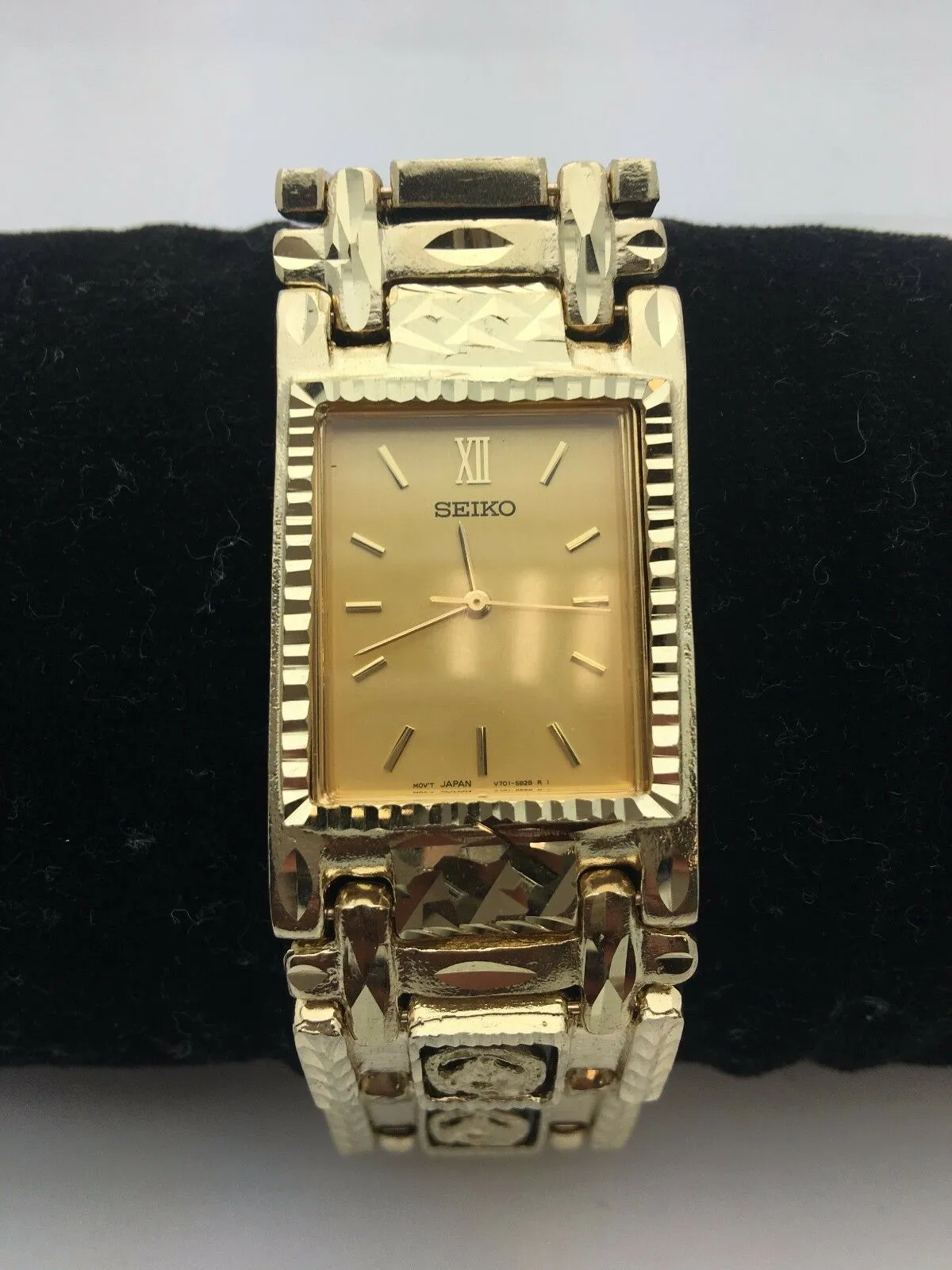 Men's 14k Yellow Gold Horse Shoe Black Onyx Link Bracelet Seiko Watch 7.5"