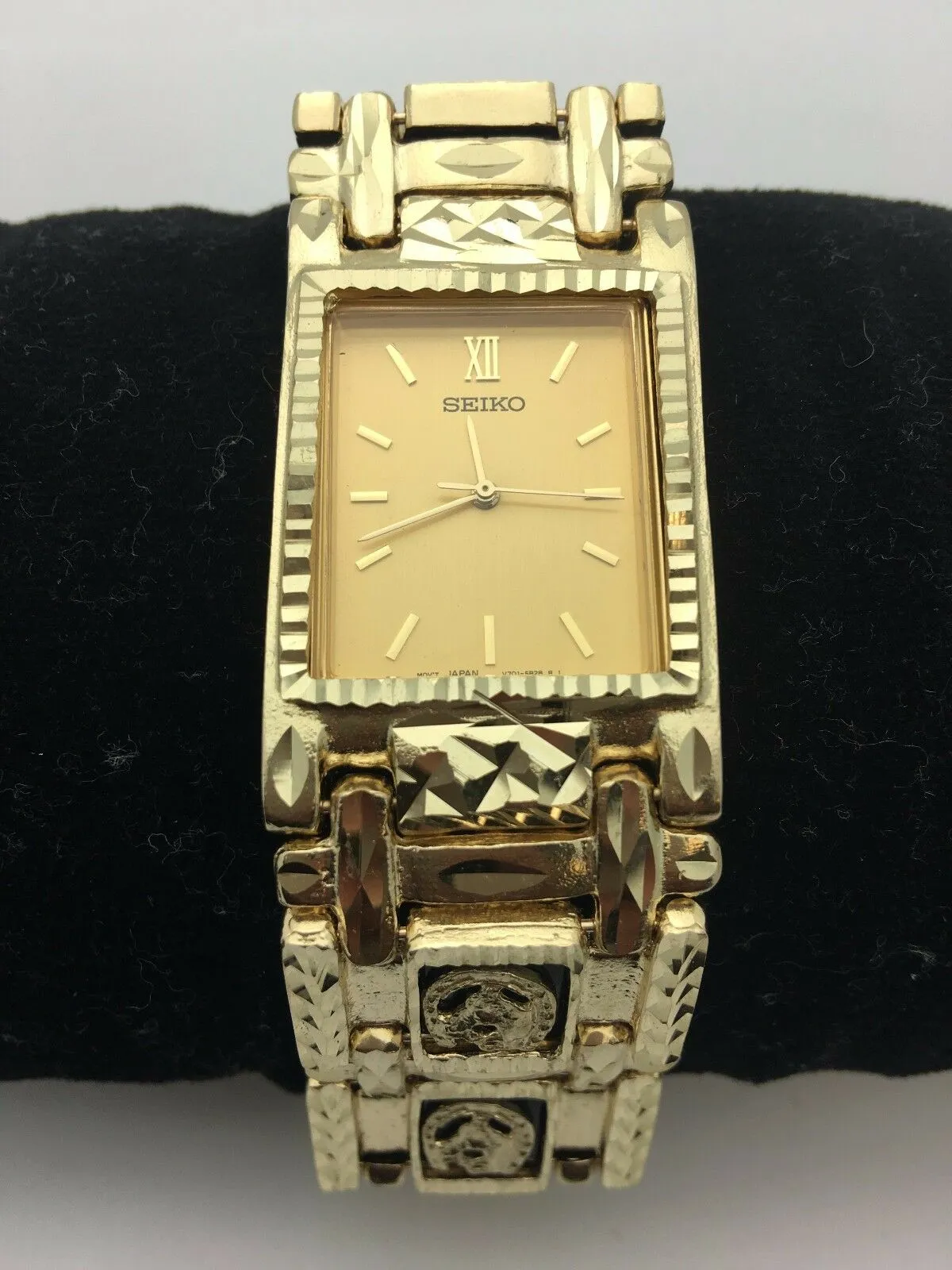 Men's 14k Yellow Gold Horse Shoe Black Onyx Link Bracelet Seiko Watch 7.5"