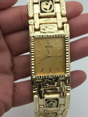 Men's 14k Yellow Gold Horse Shoe Black Onyx Link Bracelet Seiko Watch 7.5"