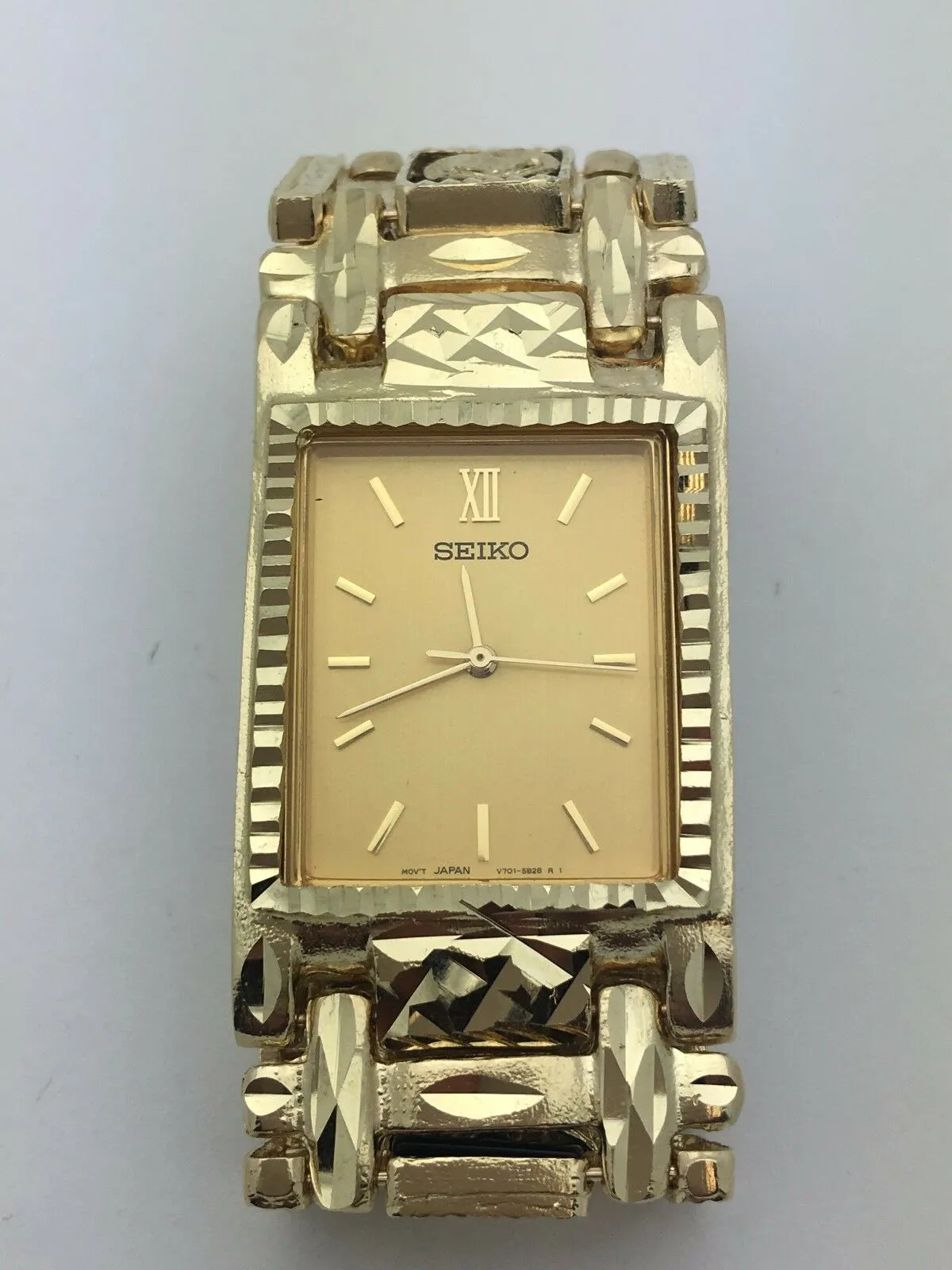 Men's 14k Yellow Gold Horse Shoe Black Onyx Link Bracelet Seiko Watch 7.5"