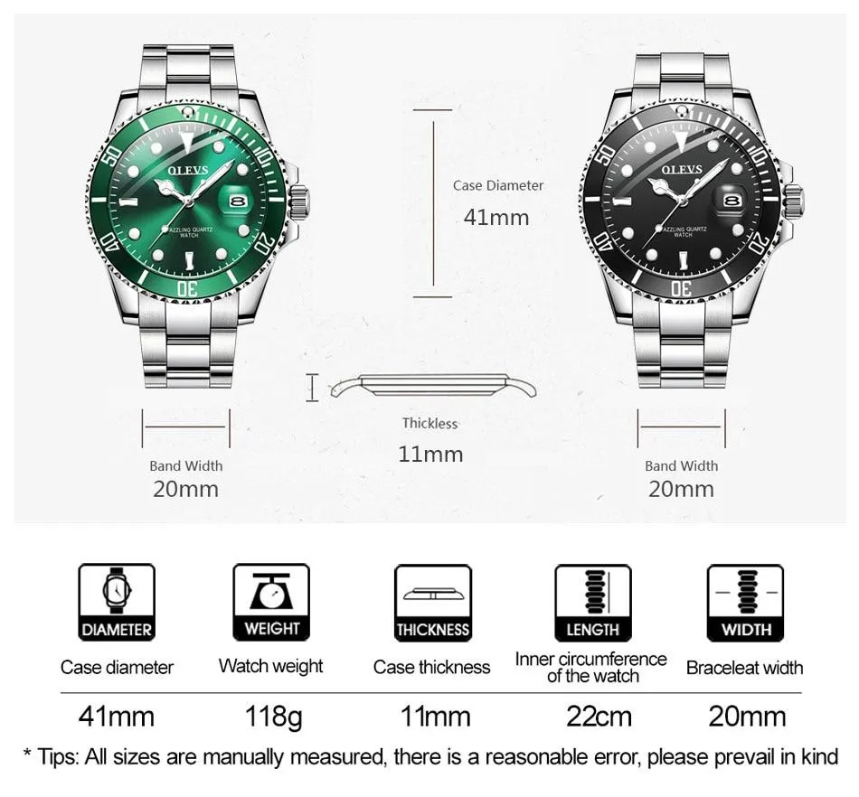 Mens Watches Top Brand Luxury Fashion Waterproof Luminous Hand Green