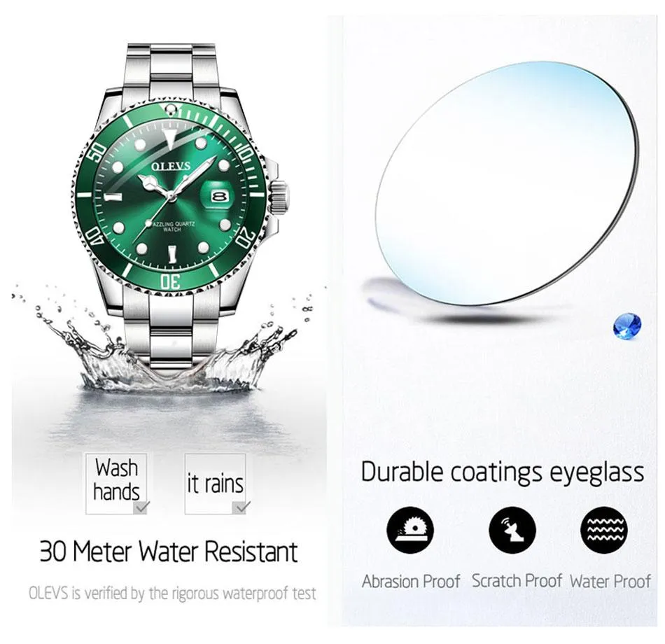 Mens Watches Top Brand Luxury Fashion Waterproof Luminous Hand Green
