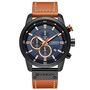 Mens Water Resistant Sport Chronograph Watches Military Multifunction Leather Quartz Wrist Watches (Black Blue)
