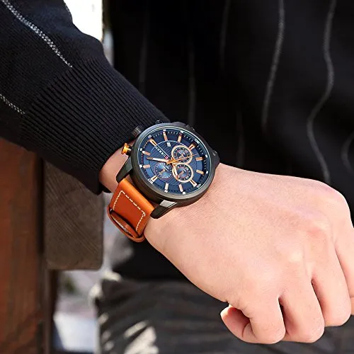 Mens Water Resistant Sport Chronograph Watches Military Multifunction Leather Quartz Wrist Watches (Black Blue)