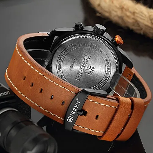 Mens Water Resistant Sport Chronograph Watches Military Multifunction Leather Quartz Wrist Watches (Black Blue)