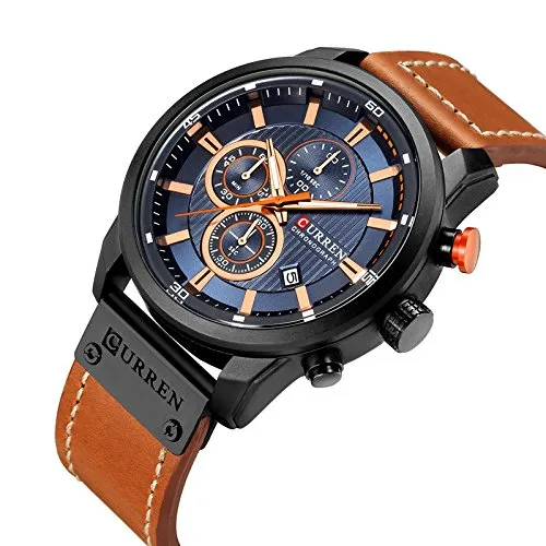 Mens Water Resistant Sport Chronograph Watches Military Multifunction Leather Quartz Wrist Watches (Black Blue)