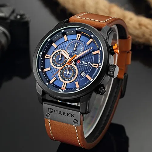 Mens Water Resistant Sport Chronograph Watches Military Multifunction Leather Quartz Wrist Watches (Black Blue)