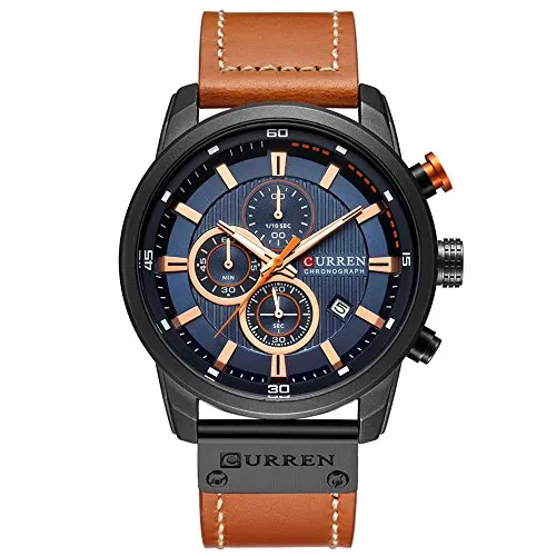 Mens Water Resistant Sport Chronograph Watches Military Multifunction Leather Quartz Wrist Watches (Black Blue)