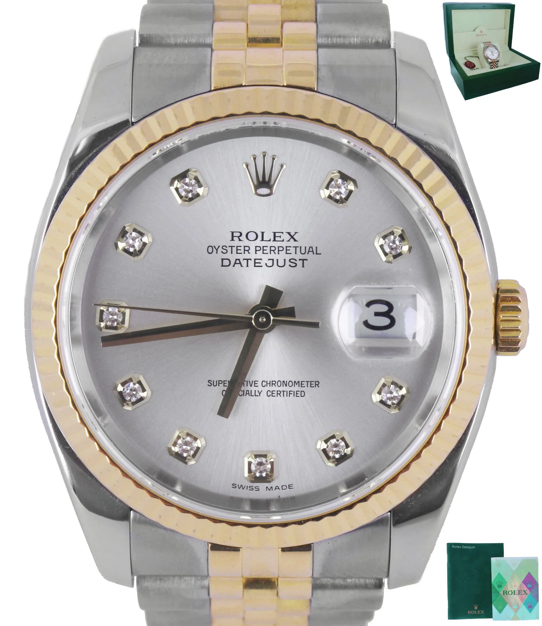 MINT 2006 Rolex DateJust 36mm Factory Silver Diamond 116233 18K Gold Two-Tone