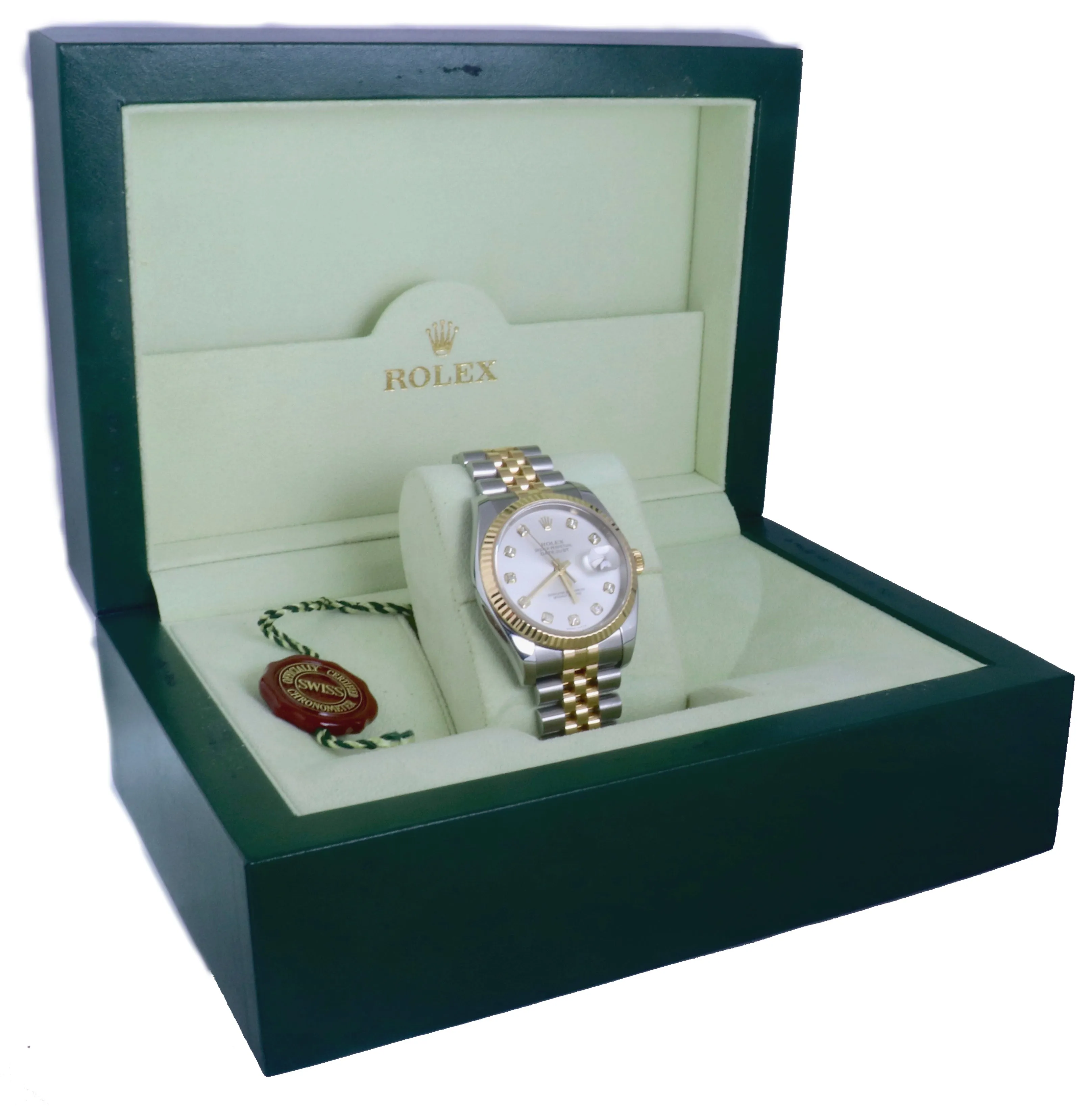 MINT 2006 Rolex DateJust 36mm Factory Silver Diamond 116233 18K Gold Two-Tone