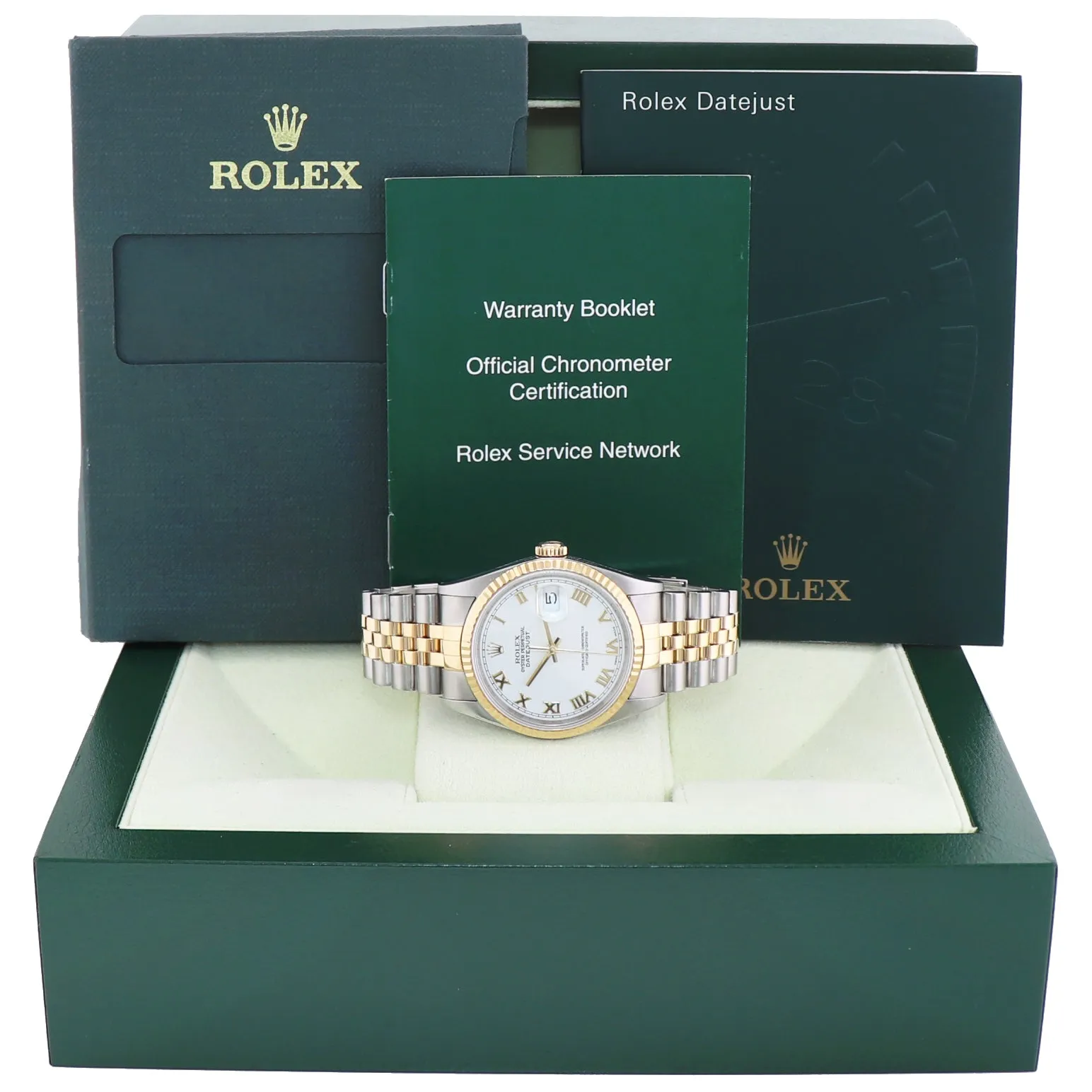 MINT Rolex DateJust 36mm White Roman 16233 Two Tone Steel Jubilee Watch Box