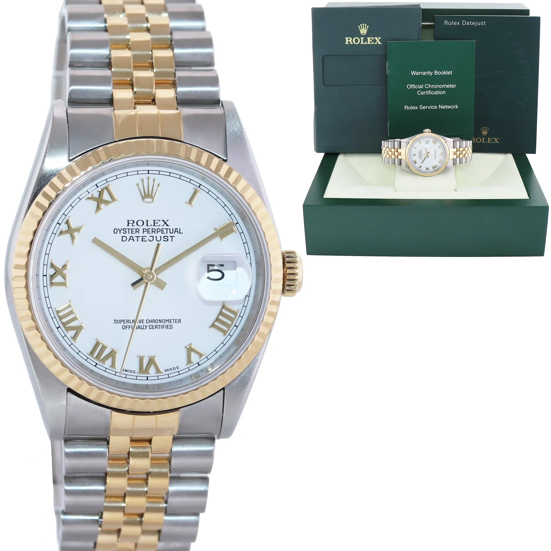 MINT Rolex DateJust 36mm White Roman 16233 Two Tone Steel Jubilee Watch Box