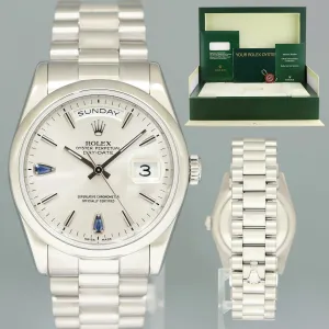MINT Rolex Platinum Day Date President 118206 Teardrop Sapphire 36mm Watch Box