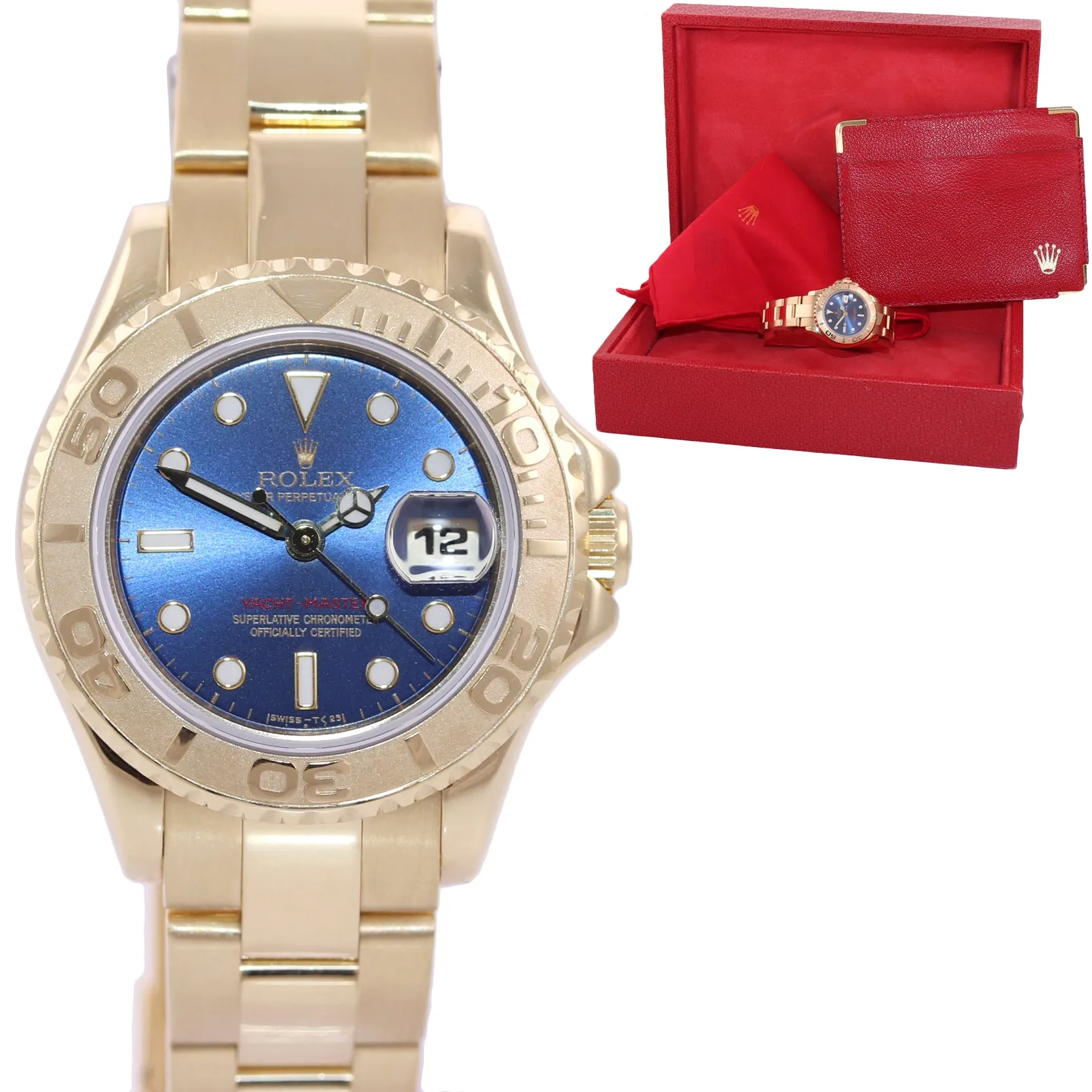 MINT Yellow GOLD Ladies Rolex Yacht-Master 69628 Blue Dial 29mm Watch Box