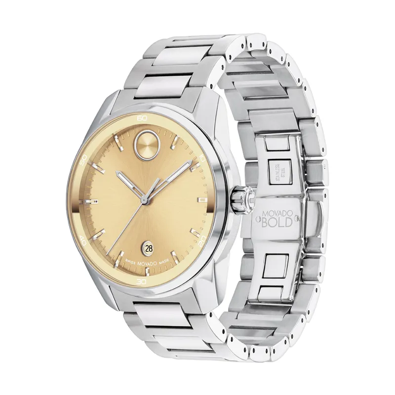 Movado Bold Verso Mens Stainless Steel Gold Tone Dial Watch