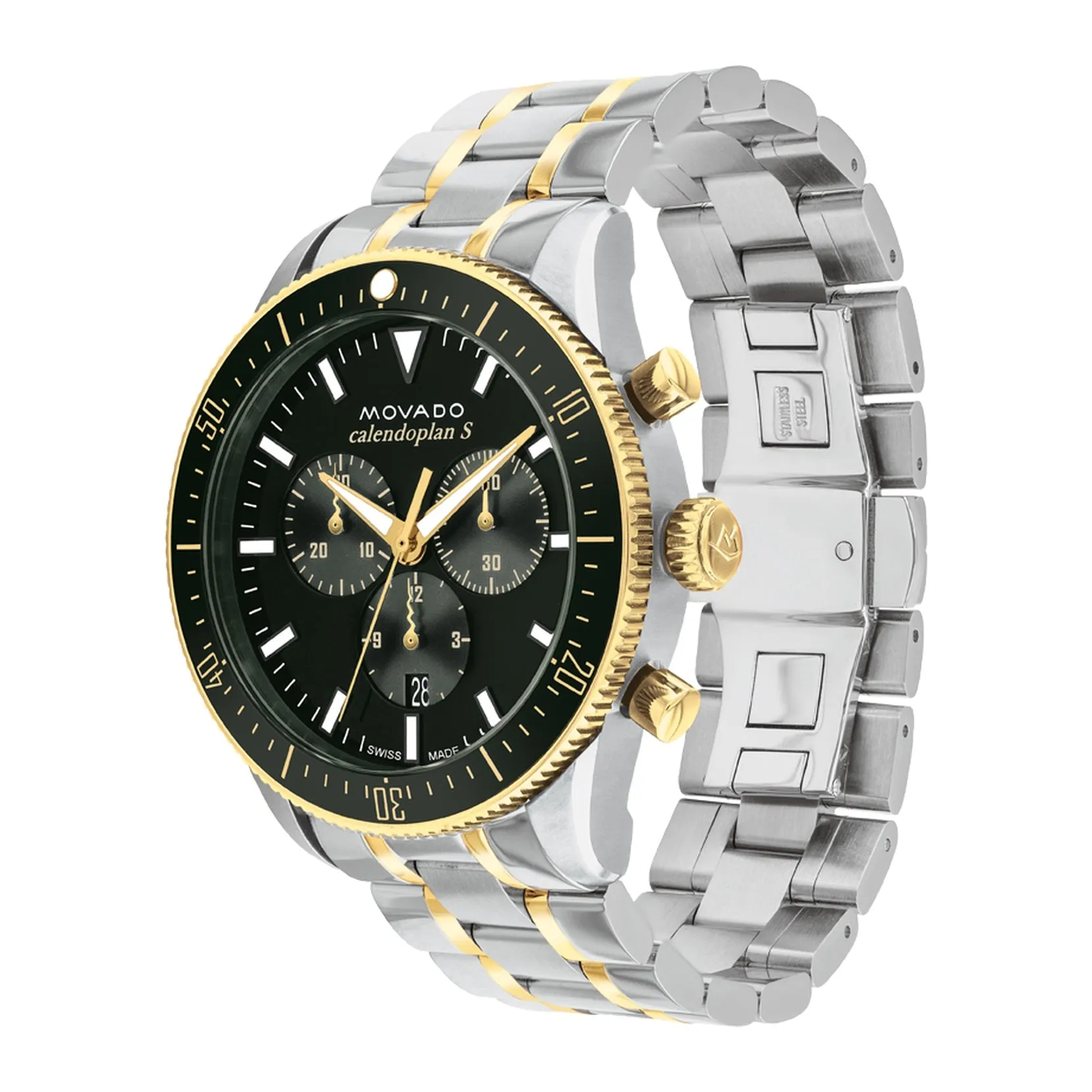 Movado Heritage Series Mens Chronograph Two Tone Green Dial Watch