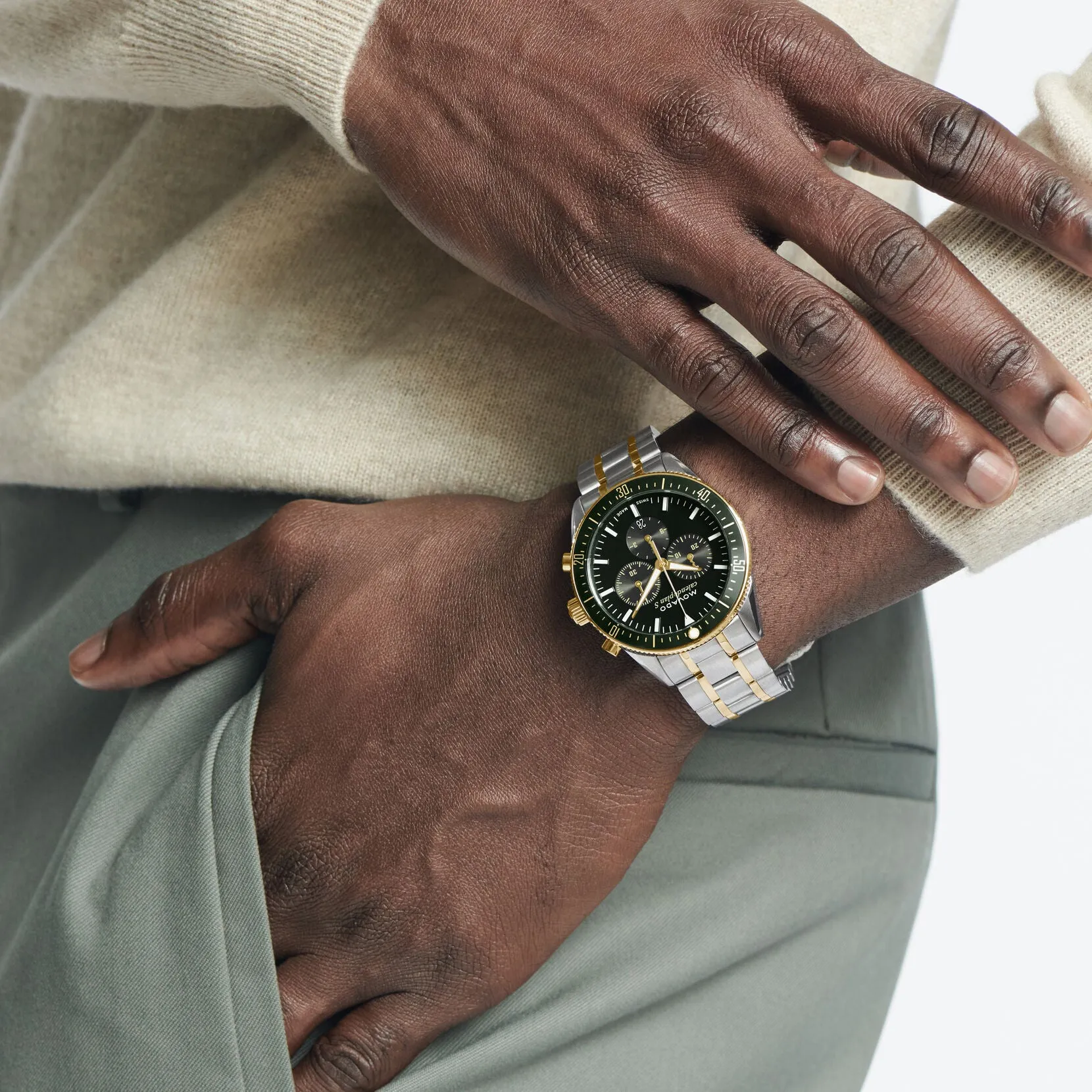 Movado Heritage Series Mens Chronograph Two Tone Green Dial Watch