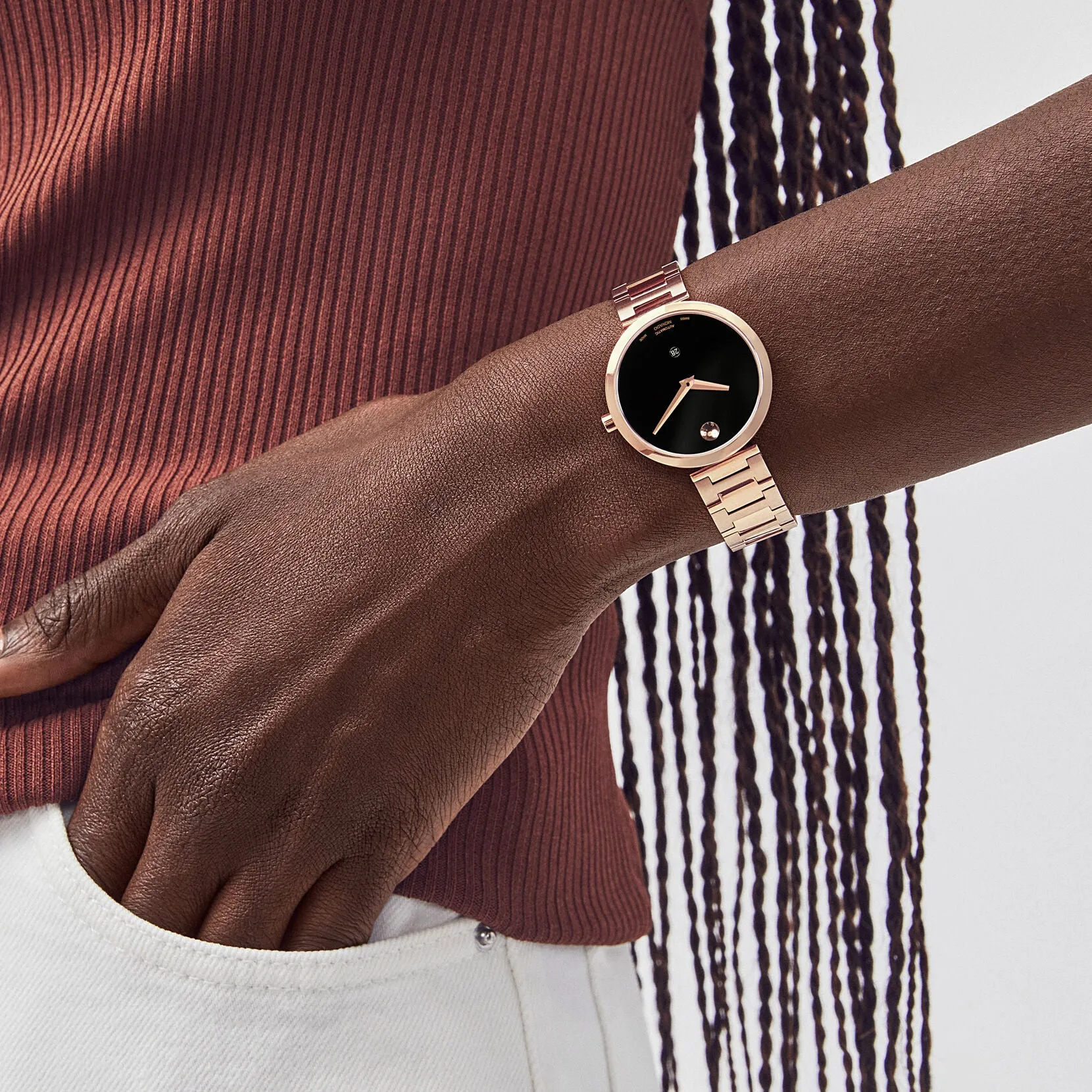 Movado Museum Classic Automatic Ladies Rose Tone Black Dial Watch