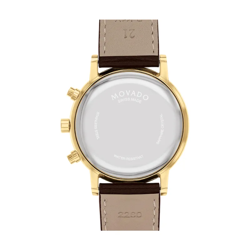 Movado Museum Classic Mens Gold Tone Green Dial Brown Leather Strap Chronograph Watch