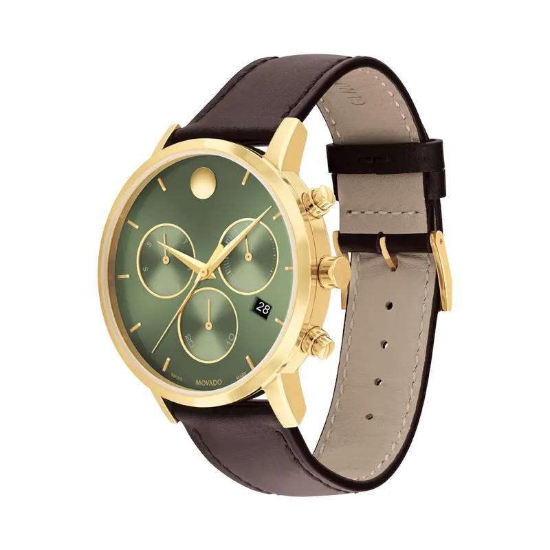 Movado Museum Classic Mens Gold Tone Green Dial Brown Leather Strap Chronograph Watch