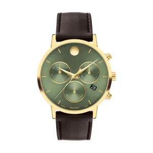 Movado Museum Classic Mens Gold Tone Green Dial Brown Leather Strap Chronograph Watch
