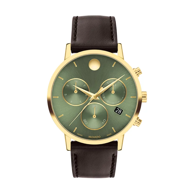 Movado Museum Classic Mens Gold Tone Green Dial Brown Leather Strap Chronograph Watch