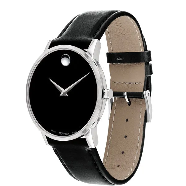 Movado Museum Classic Mens Stainless Steel Black Dial Black Leather Strap Watch