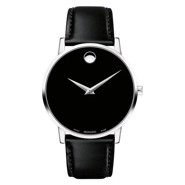 Movado Museum Classic Mens Stainless Steel Black Dial Black Leather Strap Watch