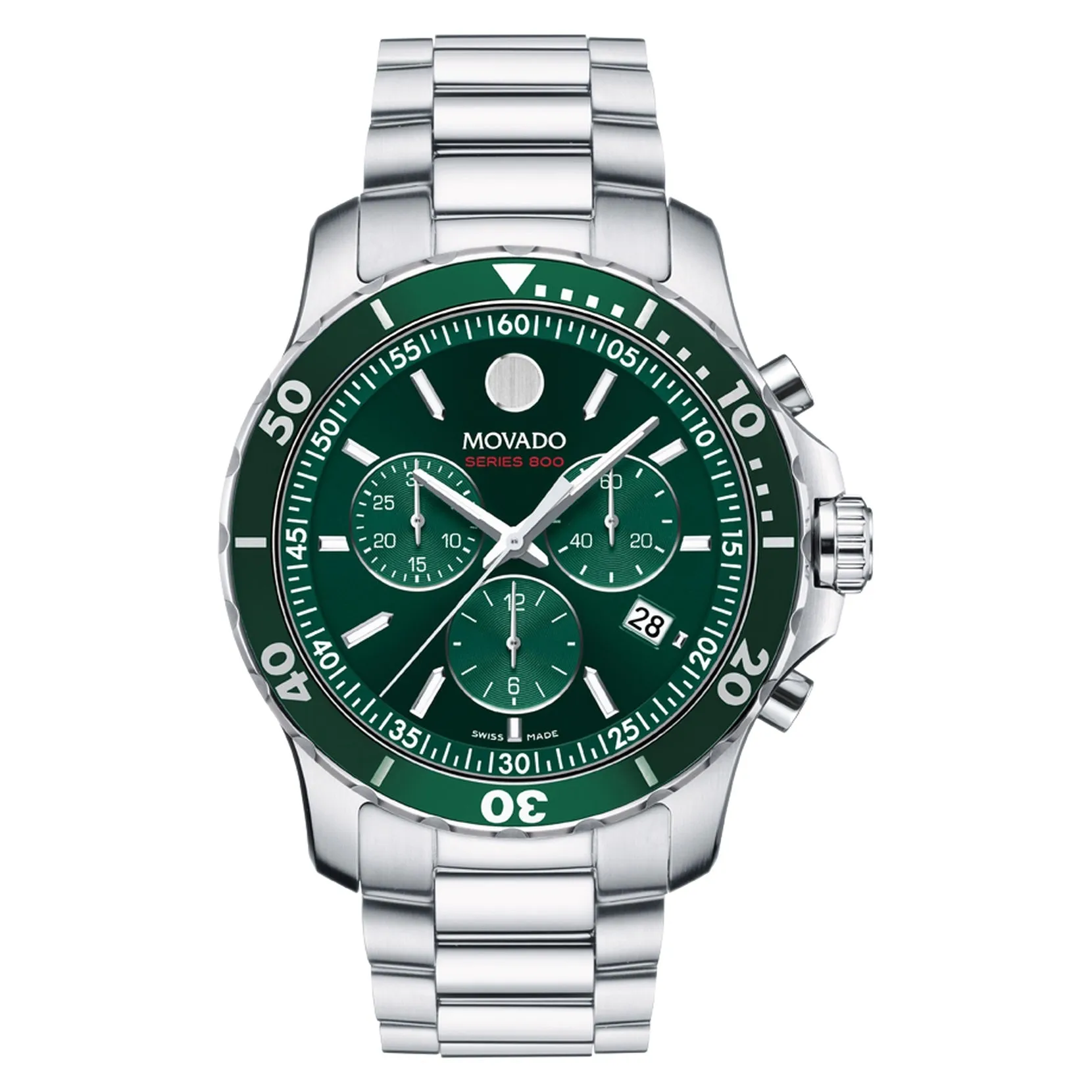 Movado Series 800 Mens Stainless Steel Chronograph Green Dial Watch