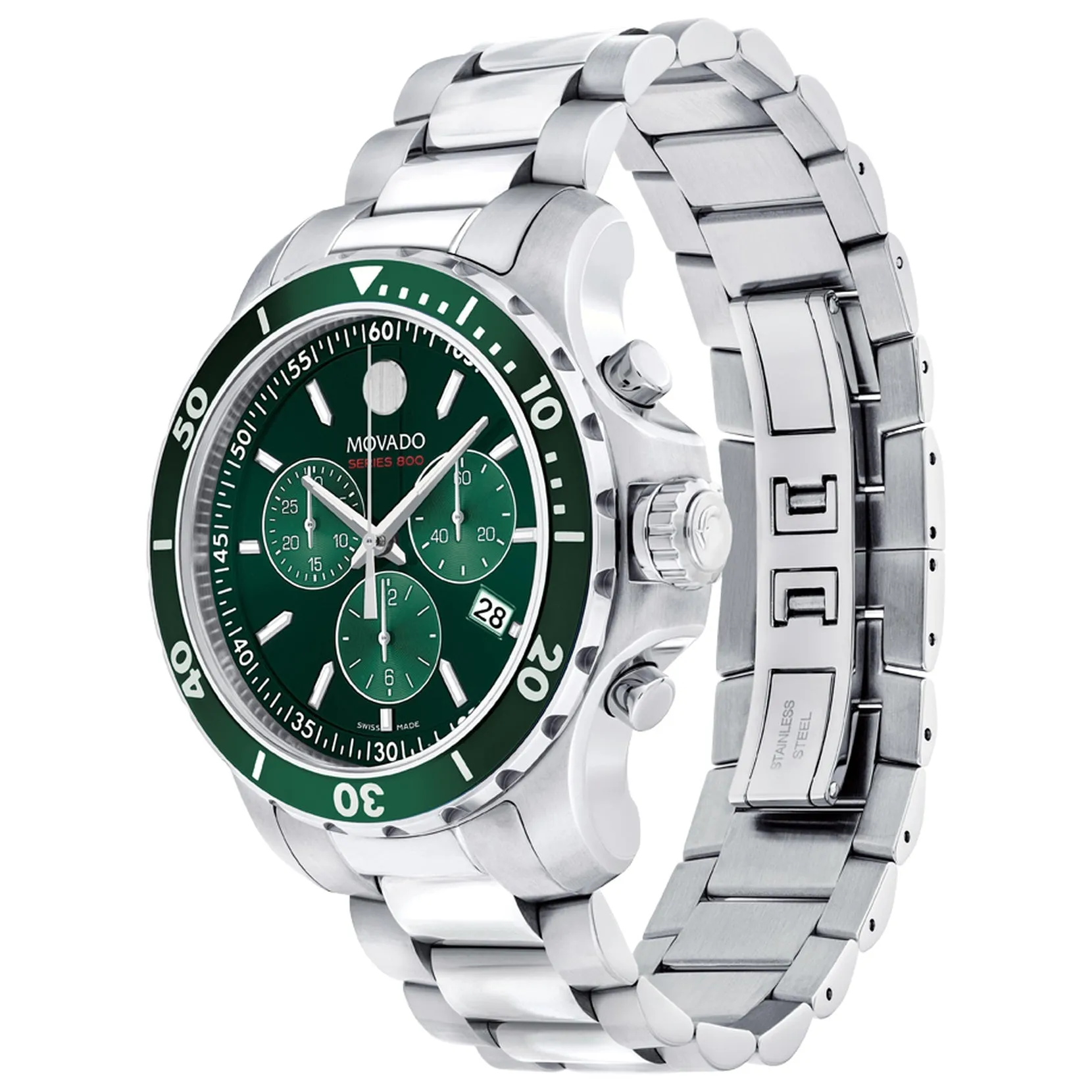 Movado Series 800 Mens Stainless Steel Chronograph Green Dial Watch