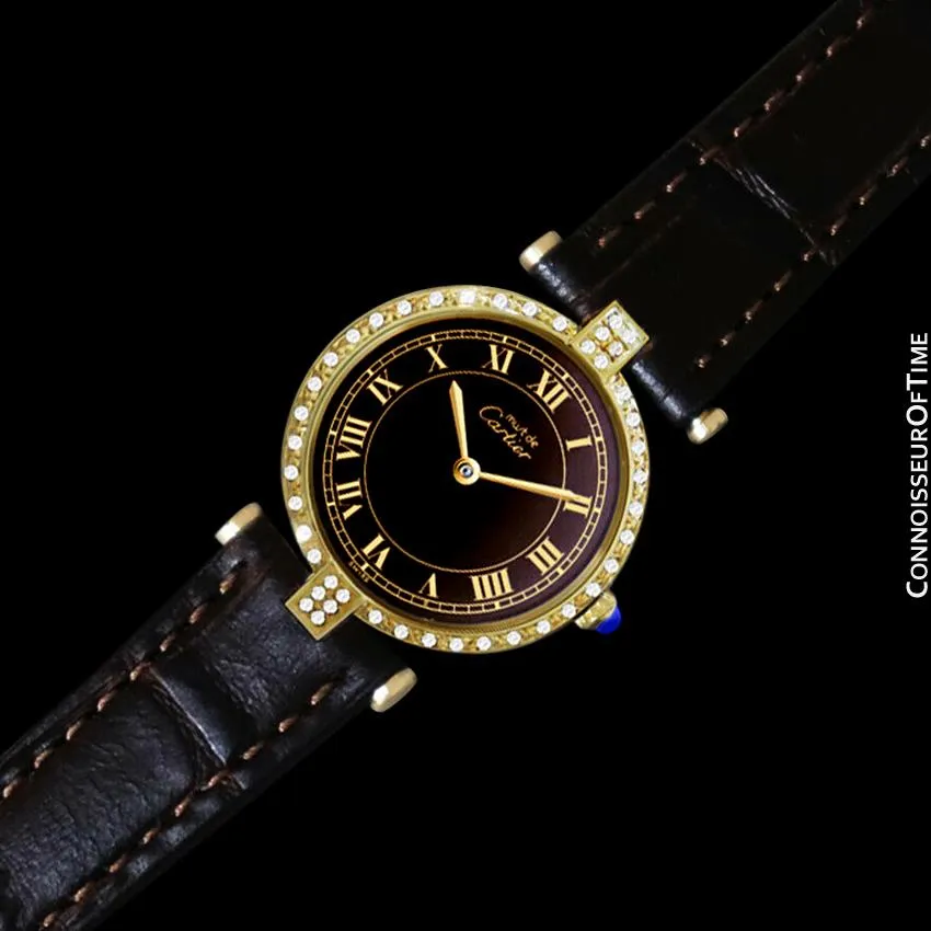 Must De Cartier Vendome Ladies Vermeil Watch with Chocoloate Brown Dial - 18K Gold Over Sterling Silver with Diamonds