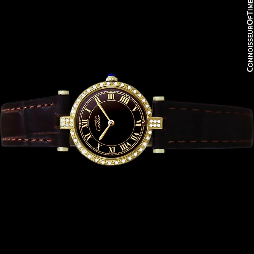 Must De Cartier Vendome Ladies Vermeil Watch with Chocoloate Brown Dial - 18K Gold Over Sterling Silver with Diamonds