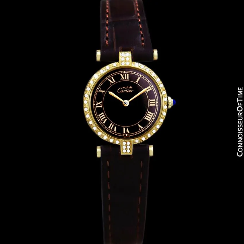 Must De Cartier Vendome Ladies Vermeil Watch with Chocoloate Brown Dial - 18K Gold Over Sterling Silver with Diamonds