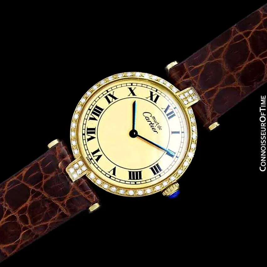Must De Cartier Vendome Mens Midsize Unisex Vermeil Watch - 18K Gold Over Sterling Silver & Diamonds
