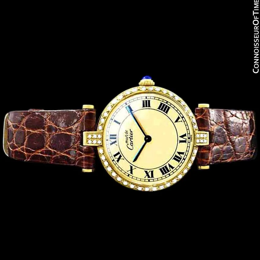 Must De Cartier Vendome Mens Midsize Unisex Vermeil Watch - 18K Gold Over Sterling Silver & Diamonds