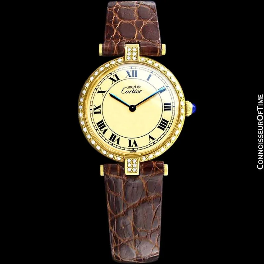 Must De Cartier Vendome Mens Midsize Unisex Vermeil Watch - 18K Gold Over Sterling Silver & Diamonds