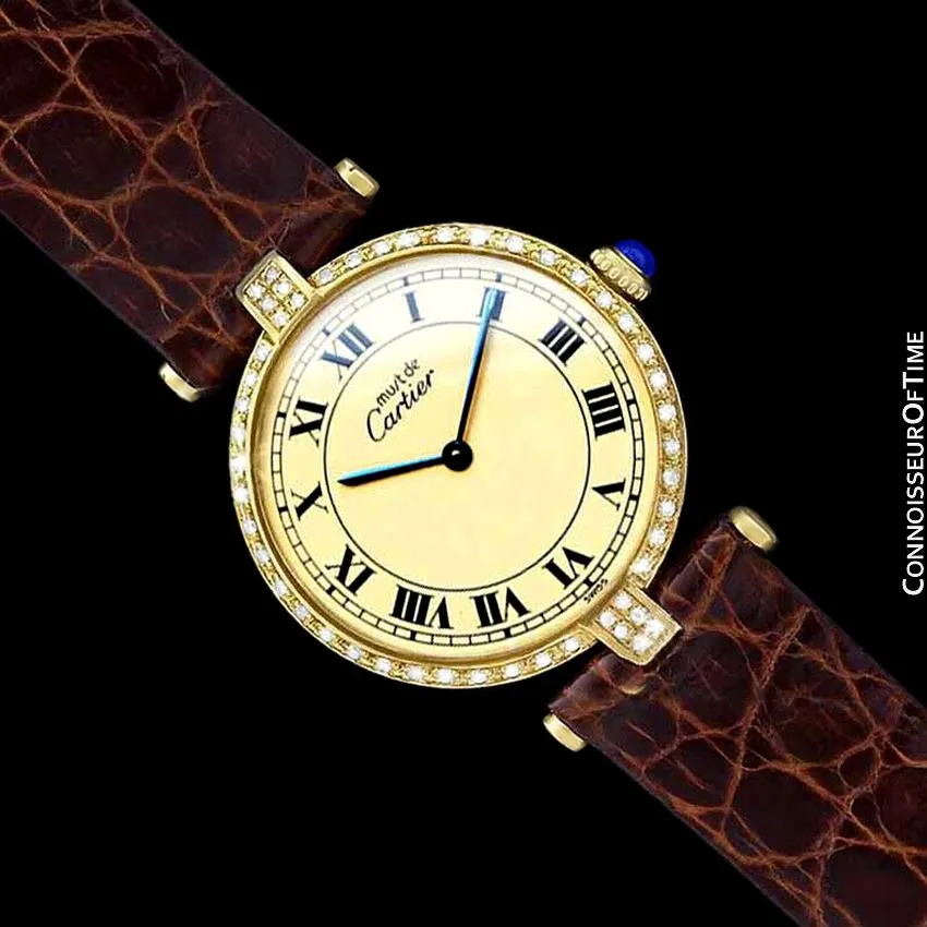 Must De Cartier Vendome Mens Midsize Unisex Vermeil Watch - 18K Gold Over Sterling Silver & Diamonds