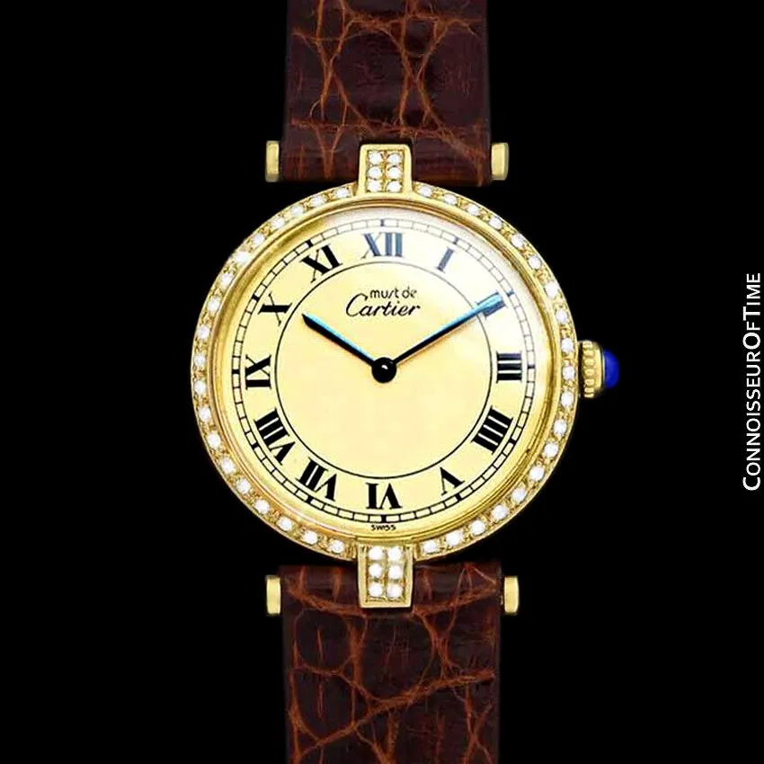 Must De Cartier Vendome Mens Midsize Unisex Vermeil Watch - 18K Gold Over Sterling Silver & Diamonds