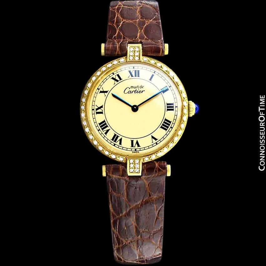 Must De Cartier Vendome Mens Midsize Unisex Vermeil Watch - 18K Gold Over Sterling Silver & Diamonds