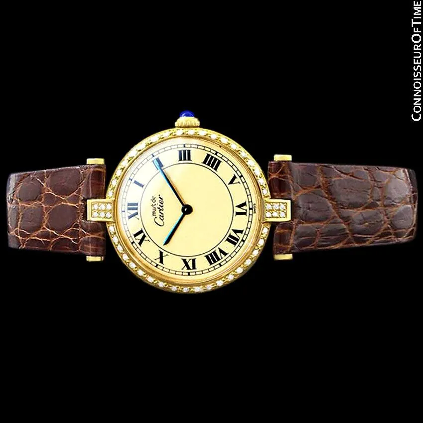 Must De Cartier Vendome Mens Midsize Unisex Vermeil Watch - 18K Gold Over Sterling Silver & Diamonds