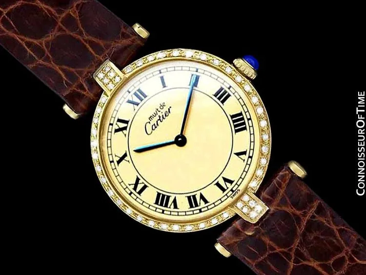 Must De Cartier Vendome Mens Midsize Unisex Vermeil Watch - 18K Gold Over Sterling Silver & Diamonds
