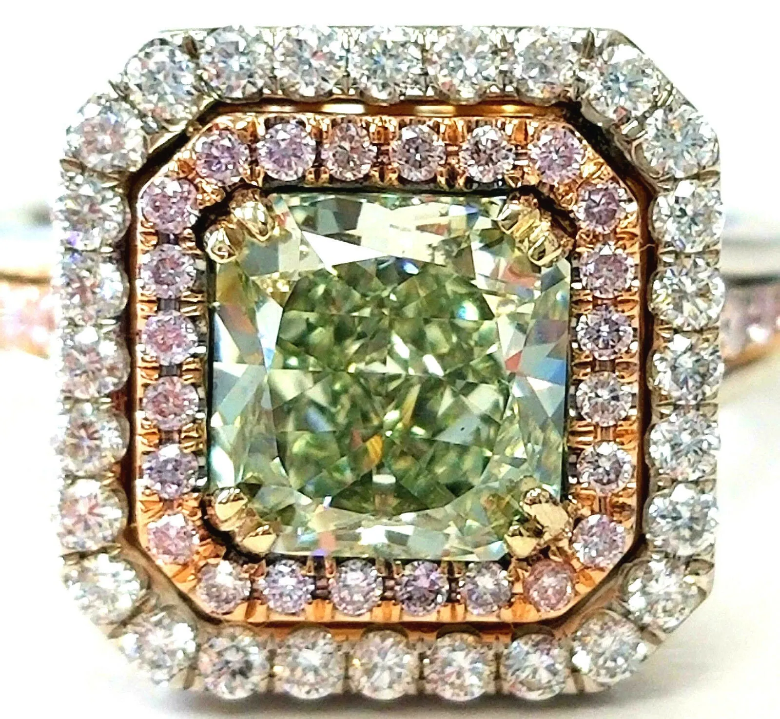 Natural Diamond Ring Fancy Green- Pink Color 3 CT GIA Certified VS2 Radiant Cut