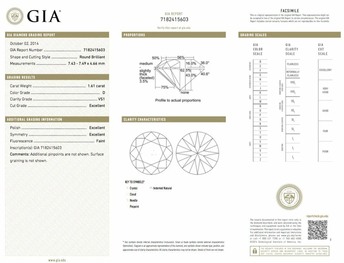 Natural Loose Diamond 1.61 CT D Color VS1 Clarity GIA Certified Round Cut