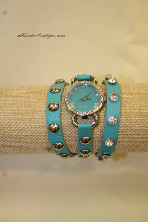 Neon Blue Silver Studs & Clear Rhinestones | Leather Band w/ Button Clasp