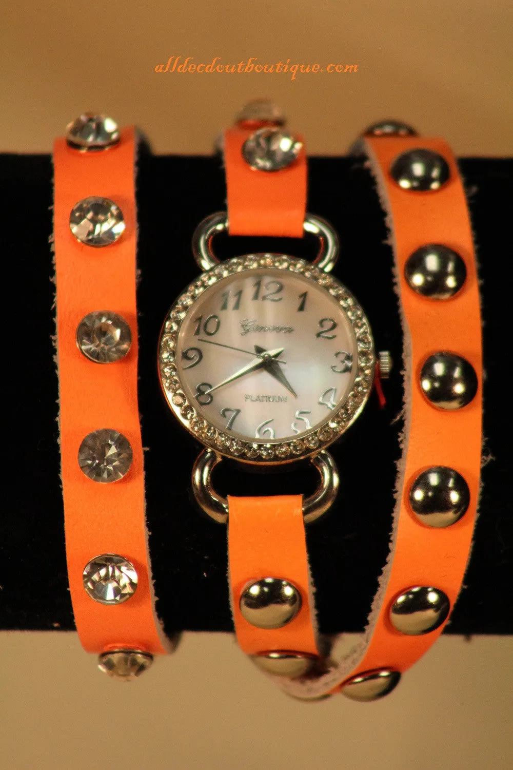 Neon Orange/White Silver Studs & Clear Rhinestones | Leather Band w/ Button Clasp